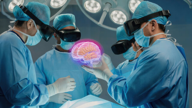 Surgeons use VR headsets to examine holographic brain in operation room