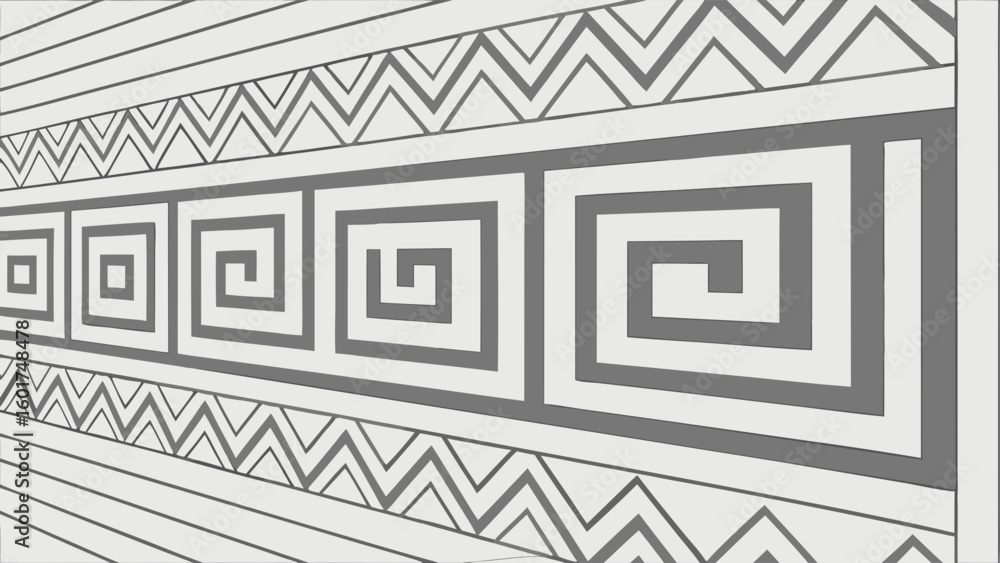 Poster geometric wall pattern featuring spirals and zigzag lines in monochrome design