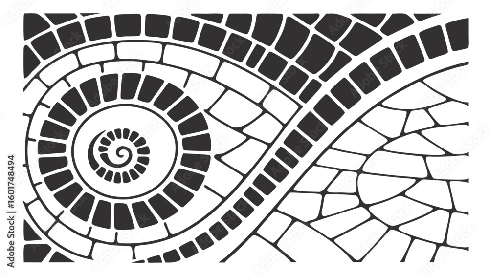 Poster intricate mosaic spiral pattern design in black and white color scheme