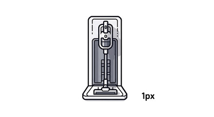 A simple line drawing of a vertical upright vacuum cleaner stored in a compartment.