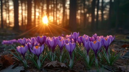 Beautiful crocuses blooming in a forest at sunrise.