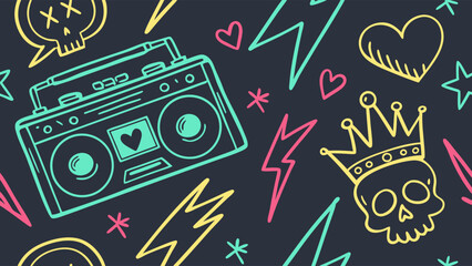 Vibrant Retro Music Pattern Featuring Boombox, Skulls, Hearts and Lightning