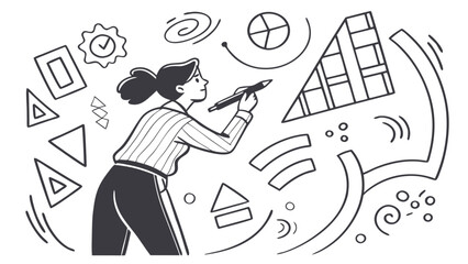 Woman Illustrating Geometric Shapes and Patterns in Creative Workspace