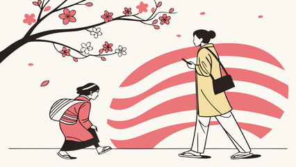 Woman in Modern Attire Walking Past a Girl in Kimono under Cherry Blossoms