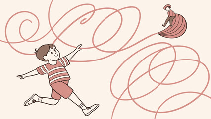 Young Boy Joyfully Chasing Colorful Bird in Playful Spirals of Imagination