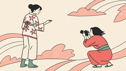 Women Engaged in Artistic Photography and Traditional Fashion in a Colorful