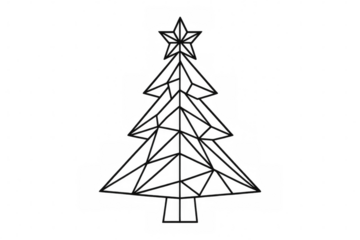 Geometric christmas tree constructed from intersecting linear patterns, star-crowned, floating against transparent backdrop