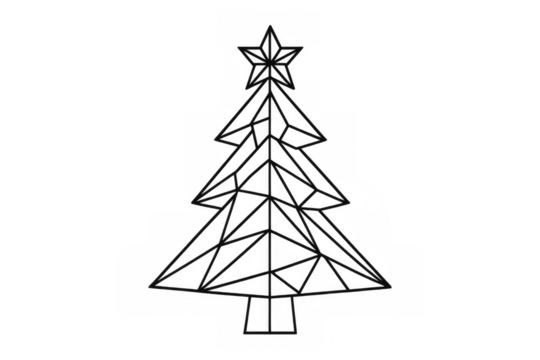 Geometric christmas tree constructed from intersecting linear patterns, star-crowned, floating against transparent backdrop