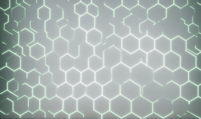 glowing green hexagon pattern on soft white futuristic surface with smooth abstract design