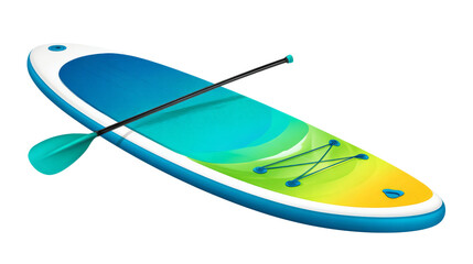 Standup paddleboard and paddle lay isolated on transparent background.