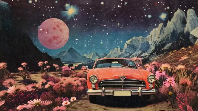 Surreal video concept with a vintage car on a floral path under a starry sky. Low-angle shot enhances the dreamlike, cosmic atmosphere. Live desktop wallpaper.