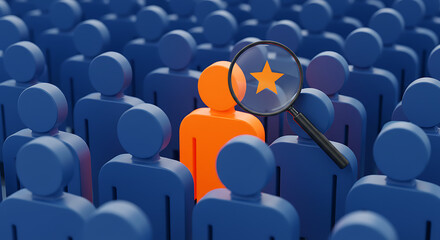 Fototapeta premium Talent acquisition and recruitment concept. Magnifying glass identifying a unique and talented candidate with a star, standing out from the crowd of applicants.