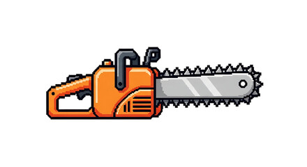 A pixel art illustration of an orange power chainsaw with a sharp silver blade in a retro 8-bit style.