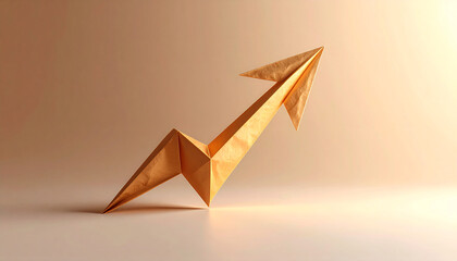 A paper origami arrow shaped like a rising graph points upward with a golden glow, symbolizing growth, success, and positive momentum on a clean minimalist background.