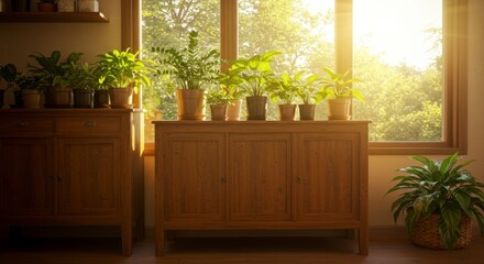 Sunlit room with plants and wooden cabinets