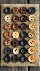 Fototapeta premium Twenty-four wooden buttons arranged on a tan fabric surface.