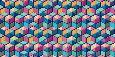A vibrant seamless pattern of isometric cubes in various colors. It represents a a multi-dimensional design, technology, and abstract background.