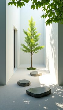 Serene modern Zen garden courtyard with a slender Japanese maple and meticulously raked white gravel