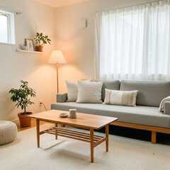 Minimalist family room with sofa and simple furniture