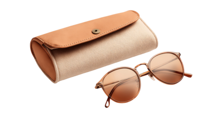 Eyeglasses sit next to a glasses case on a transparent background.
