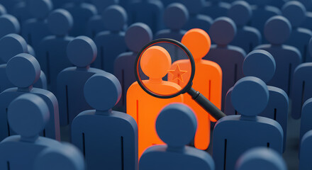 Finding the right employee. Magnifying glass focusing on a standout candidate in a crowd. Human resources and recruitment concept.