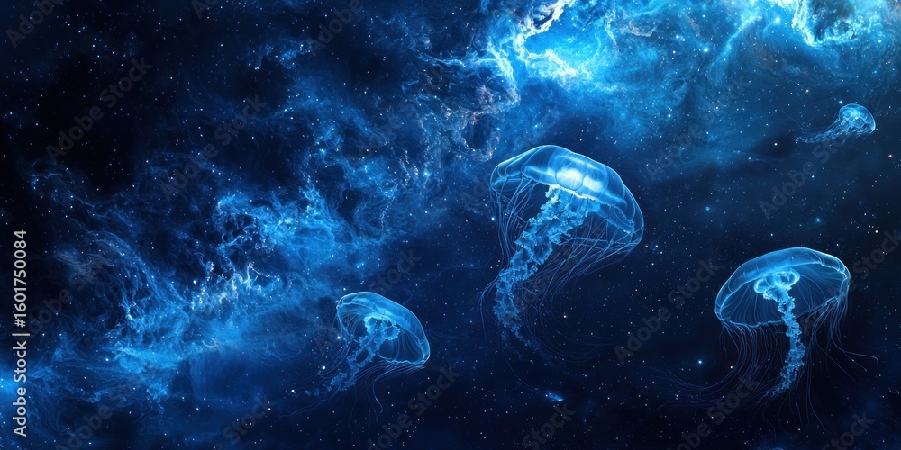 Poster a deep-space dreamscape with enormous floating jellyfish illuminating the void