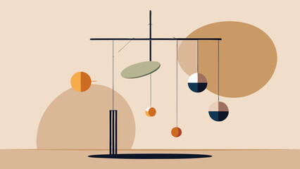 A flat, minimalist mobile featuring hanging spheres and a disc, balancing on a vertical rod. It represents balance, design, and equilibrium.