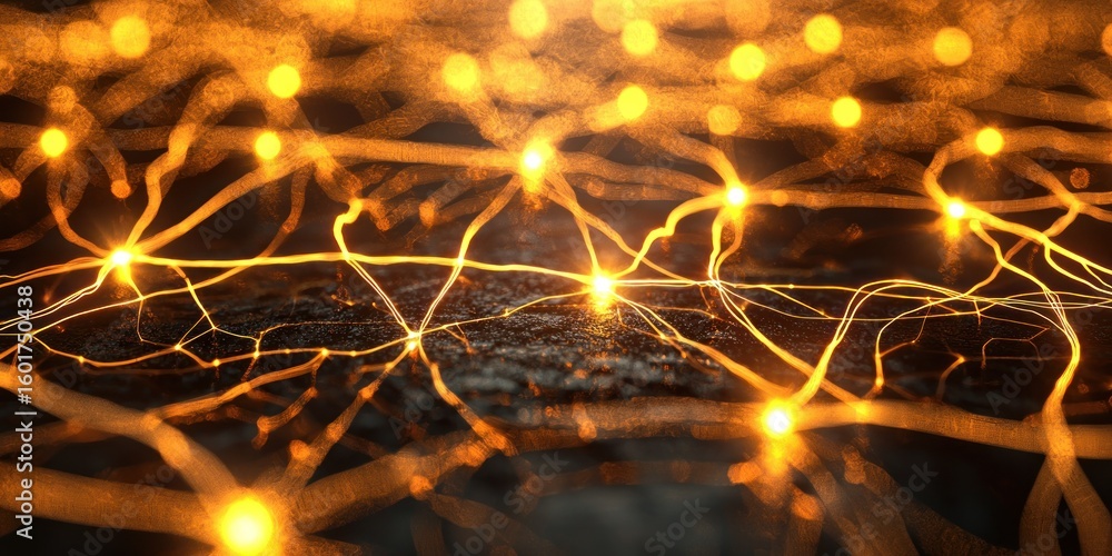 Poster a 3d-rendered artistic representation of thoughts connected by luminous threads