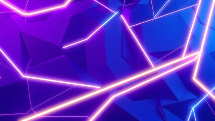 Futuristic digital landscape with glowing neon lines over a purple and blue geometric surface. Abstract concept of network technology and data.