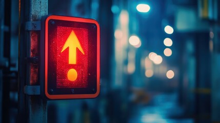 A glowing red warning signal with an upward arrow illuminates a moody, futuristic city street at night, symbolizing guidance and caution.