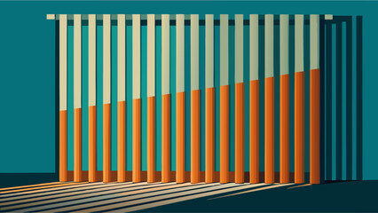 A minimalist, abstract illustration of a blue-green wall with a line of vertical blinds. Some blinds are orange and cast long shadows, creating a visual bar chart. It represents business growth and da