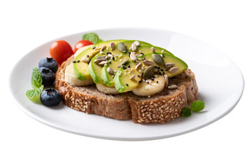 Avocado toast with banana, sunflower seeds, pumpkin seeds, sesame seeds, blueberries and tomatoes...