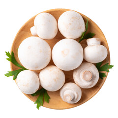 Top view of white Button mushroom or Champignon mushroom (Agaricus bisporus) on wooden plate