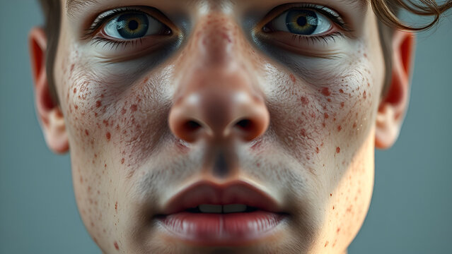 Young man, extreme close up, with acne and/or illness or rash. JPEG, 4.2MB, 16x9in, 4800x2700px, 300p/i