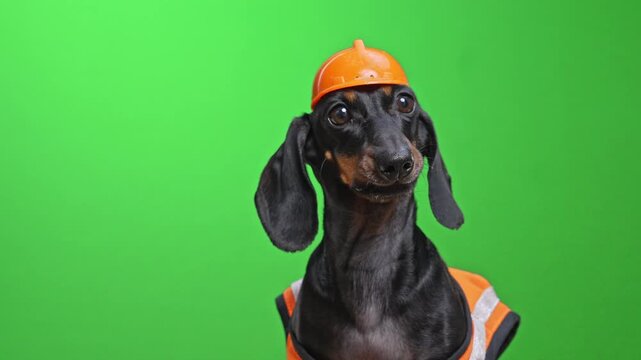 A black and tan dachshund wearing an orange safety vest and hard hat poses against a bright green background with its head slightly tilted, funny bark