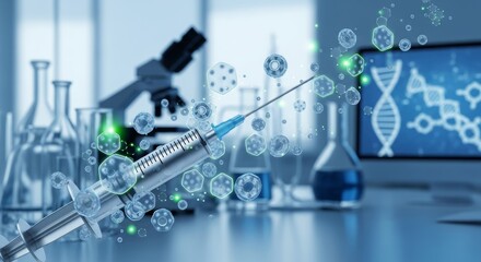 syringe, glowing cells and molecules in laboratory. microscope, lab glassware, computer screen showing DNA helix. vaccine development, medical breakthroughs, innovation in biotechnology banner