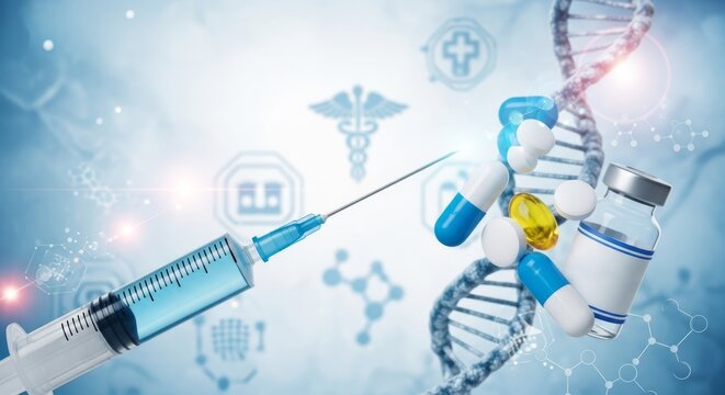 Medical syringe, DNA helix, pills, vials. Healthcare, medicine, vaccine, research concepts. Pharmaceutical innovation, genetic engineering, drug development themes. Perfect science, health industry