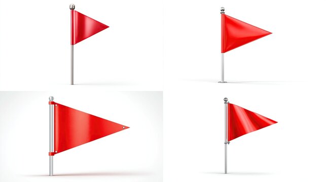Four red triangular flags on white background.  Each flag mounted on a small metal rod.  Variations in flag position and slight folds/wrinkles