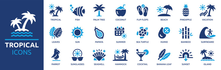 Tropical icon set. Beach, island, coconut, summer, parrot, fish, palm tree, cocktail, vacation, banana leaf and more. Solid vector icons collection.