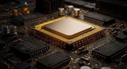 Close-up of a golden CPU on a circuit board.  High-tech electronic components