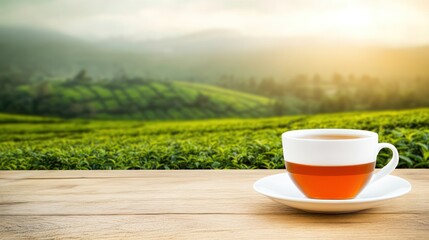 Tea cup on wooden table with blurred background tea plantation