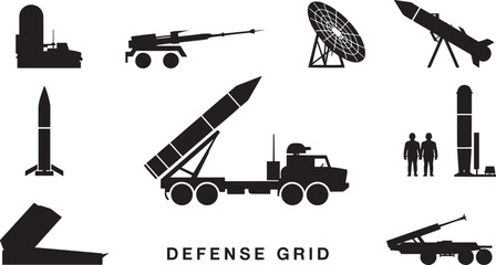 Defense Grid Silhouette Collection Military Equipment Icons on Transparent Backdrop