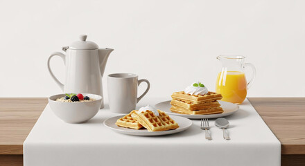 A Wholesome Breakfast Spread Featuring Golden Waffles Fresh Fruit Topped Oatmeal and a Glass of Orange Juice