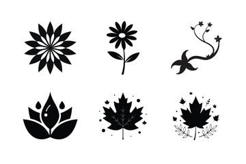Collection of six black silhouettes of flowers and leaves on a white background