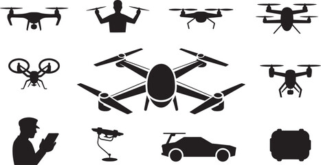 Drone Technology Silhouette Collection Unmanned Aerial Vehicle Icons on Transparent Backdrop
