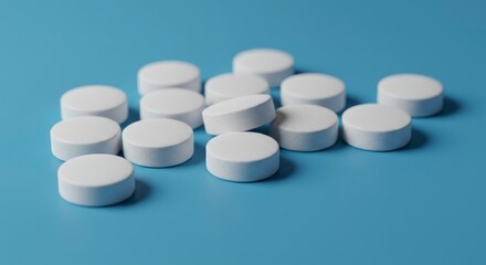 Scattered white round pills on a light blue surface.  Close-up view, shallow depth of field