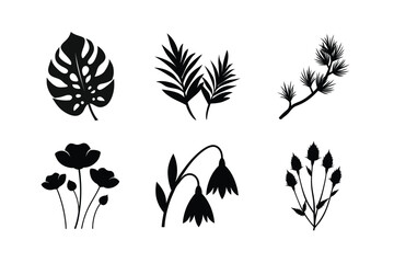 Collection of six black silhouettes of flowers and leaves on a white background