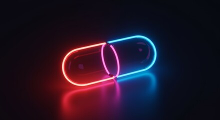 Neon capsule on dark background with copy space. Technology, science, healthcare, and choice concept for topics about medicine, pharmacology, virtual reality, and the future