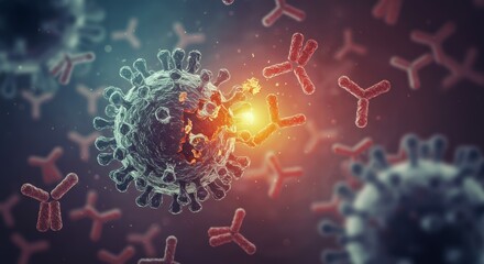 antibodies attacking and destroying virus cell, coronavirus. scientific illustration visualizes immune system response, Y-shaped immunoglobulins neutralize pathogen. mmunity, vaccination concept