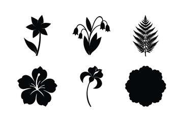 Collection of six black silhouettes of flowers and leaves on a white background